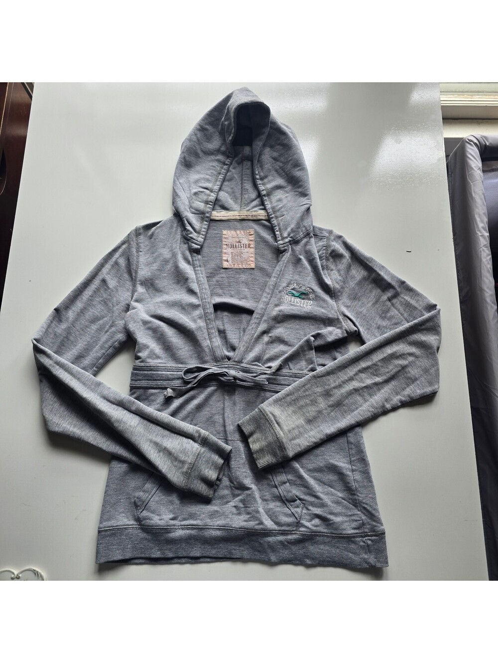Vintage Y2K Hollister Hoodie Sweatshirt Grey V-Neck Empire Waist Drawstring L